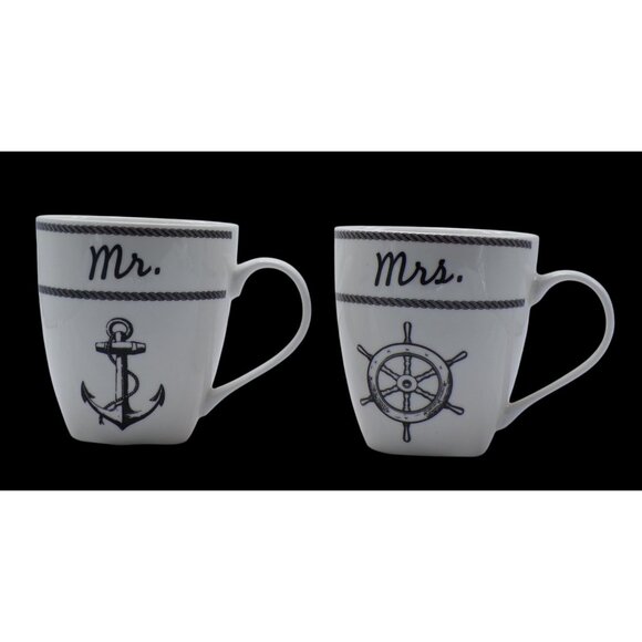 Pfaltzgraff Set-2 Mr. & Mrs. Anchor & Wheel Nautical Theme Large Coffee Mugs - Picture 1 of 8